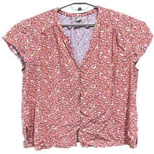 Old Navy Button Up Top Women XL Yellow Coral Pink Ditsy Floral Colorful Dainty
